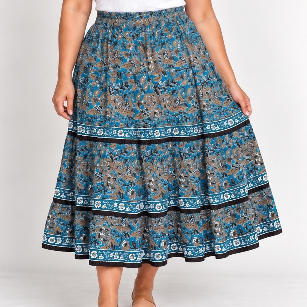 Vintage Choices 100% Cotton Floral Midi Skirt XL Blue Brown Boho Tiered 35 Inch